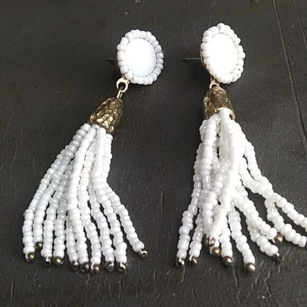White beaded‎ fringe earrings